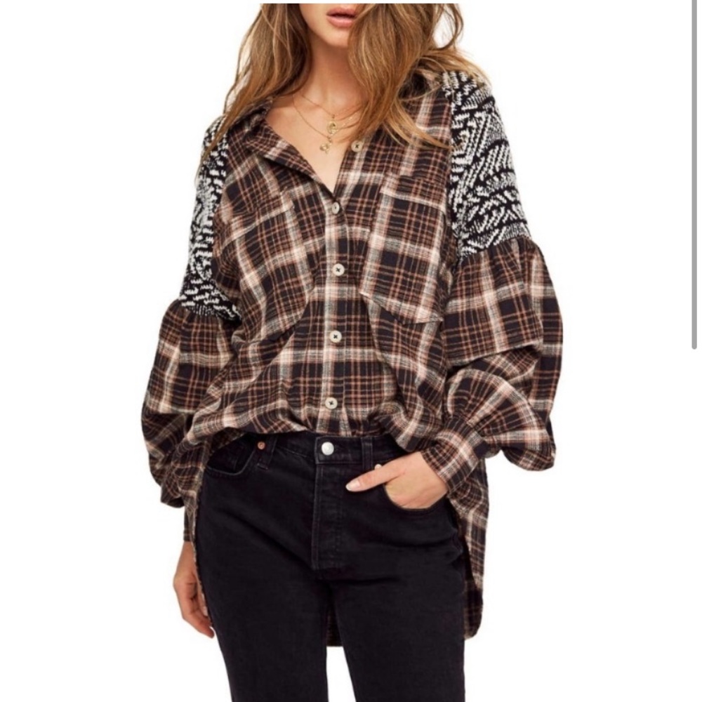 Free People Tartan Plaid Brown Flannel Shirt